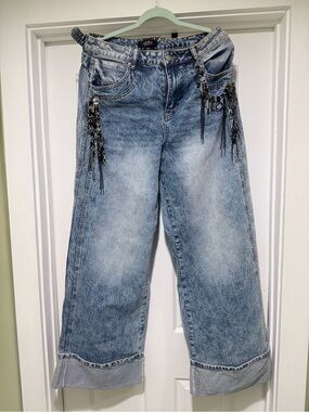 AKIRA Washed Blue Wide Leg Jeans with Fringe Sequin Trim